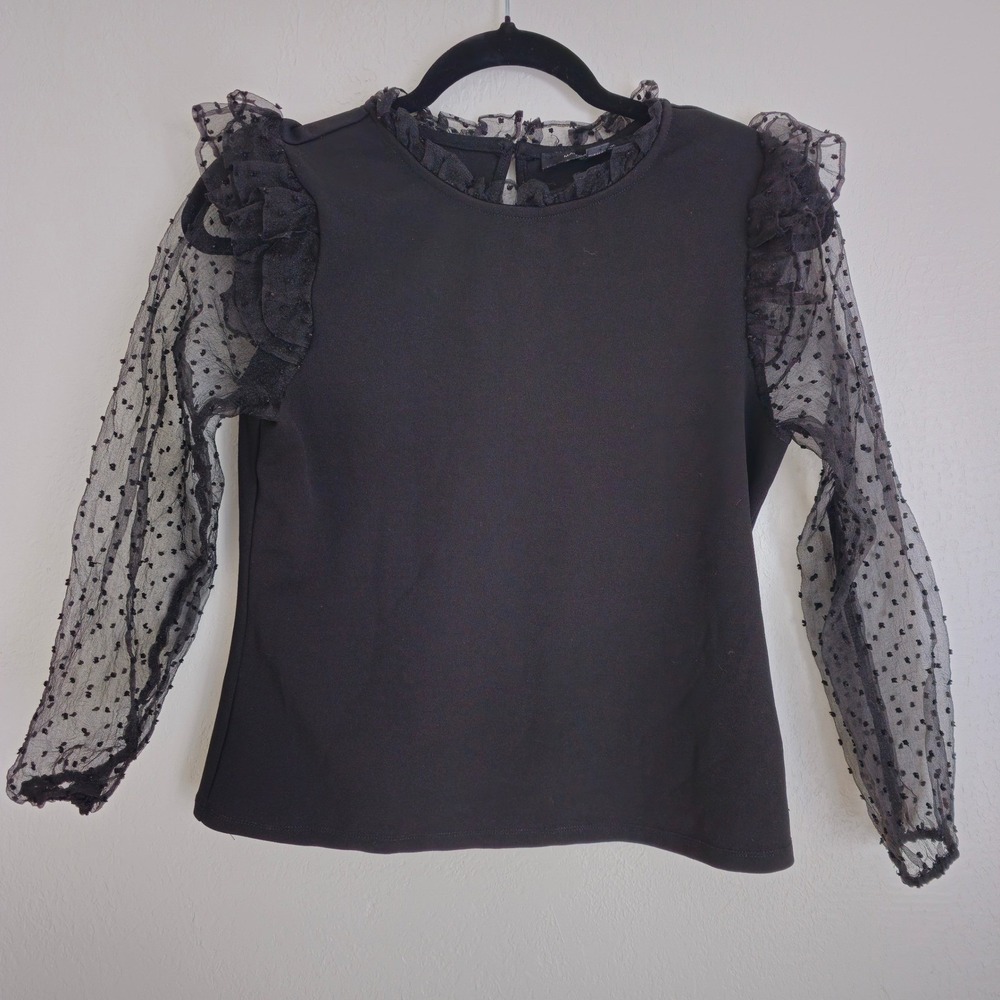Marc New‎ York Black Sheer Swiss Dot Sleeve Ruffled Neck Blouse Women's XS